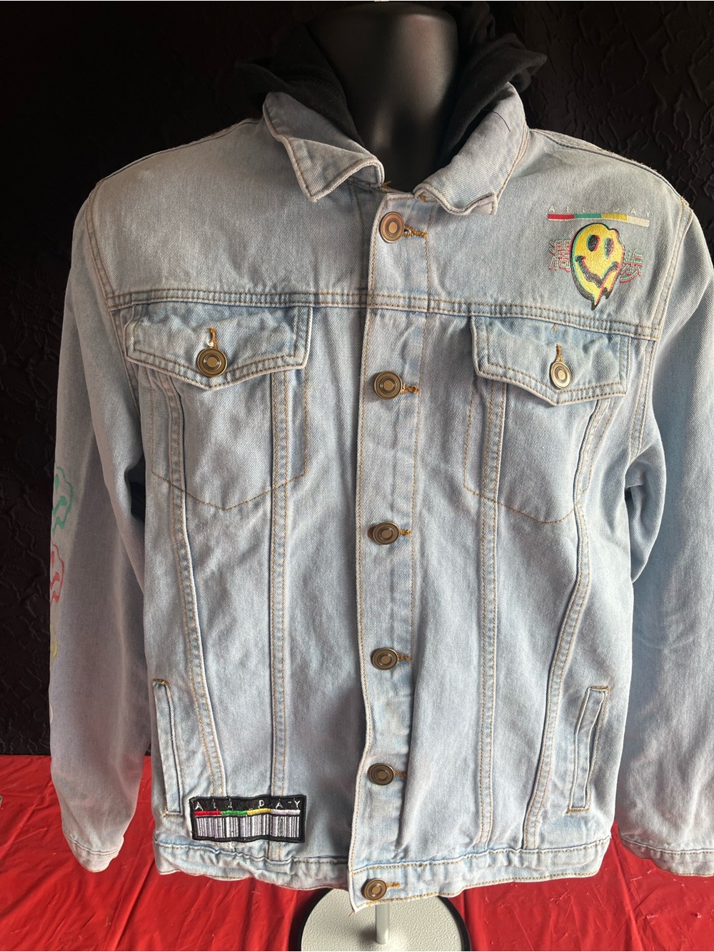 Rue21 Light Blue Denim Jacket with Multicolor Patches
